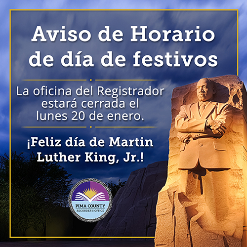 La oficina del Registrador estará cerrada el lunes 20 de enero. ¡Feliz día de Martin Luther King, Jr.!
                                En la esquina inferior derecha hay una imagen del monumento a Martin Luther King, Jr.